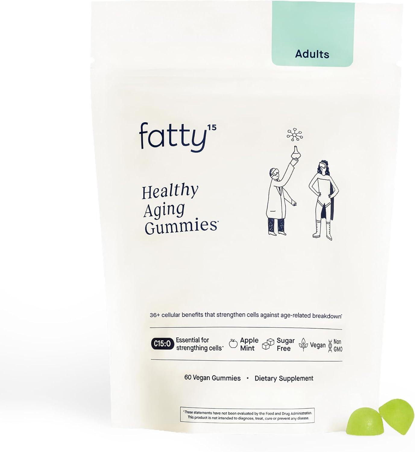 Fatty15 C15:0 Pentadecanoic Acid Healthy Aging Gummies - 60 Vegan Gummies - 3X Cellular Benefits of Omega 3 Fish Oil - Longevity, Metabolic, Wellness & Liver Support - Gluten Free & Sugar Free