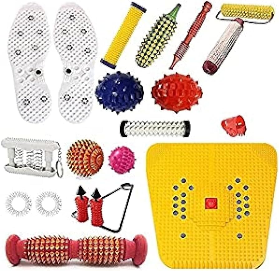 SUJOK AHCS Acupressure Massager Sujok Therapy Tools Combo Kit For Stress & Pain Relief - Natural Care with Bio-Magnetic Power Foot Mat Shoe Sole (Cut to Size)+Foot Roller-Pyramidal Cuts-Wooden