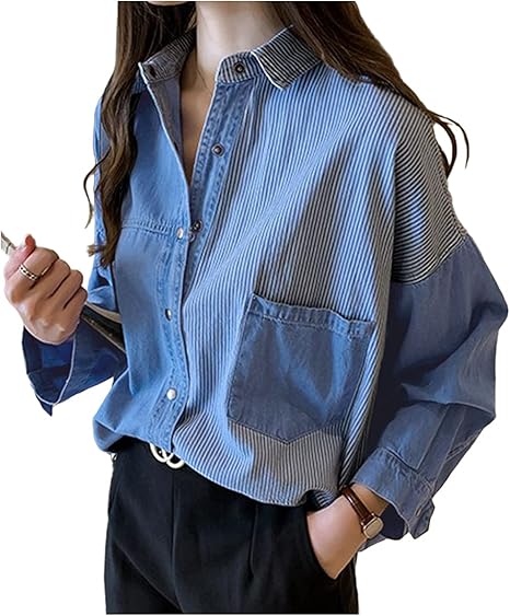 Amazon Co Jp スリージョイ デニムシャツ ゆったり 長袖 カジュアル トップス ストライプ ツートン 春 秋 冬 大人 女子 レディース ファッション Amazon Co Jp スリージョイ デニムシャツ ゆったり 長袖 カジュアル トップス ストライプ ツートン 春 秋 冬 大人 女子 レディース ファッション