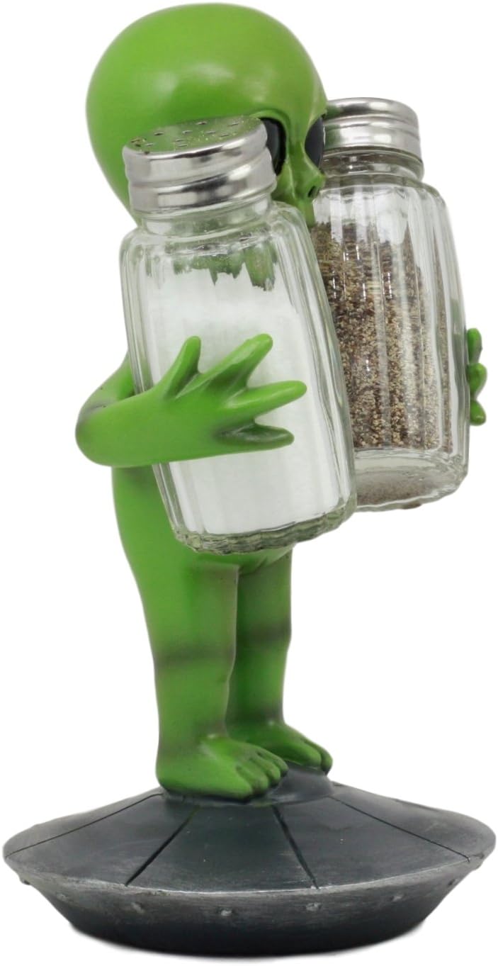 Ebros UFO Outer Space Colony Extra Terrestrial Roswell Alien On Flying Saucer Spaceship Salt And Pepper Shakers Holder Statue 7"Tall For Kitchen Decor Event Hosting Chef Hobbyist (Green)