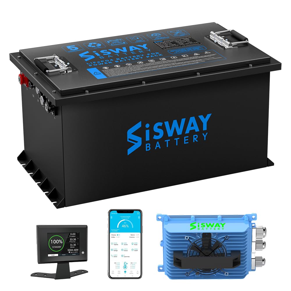 - SiSway 73.6V (72V) 105Ah Golf Cart Lithium Battery with Built-in 200A BMS, Touch Monitor, and 18A Charger | 7.728kW Rated Power | 4000+ Cycles | APP Supported, Designed for Golf Carts.