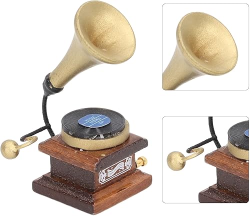 Miniatura 2 de Fdit Dollhouse Miniature Vintage Phonograph Exquisite Handmade Retro Mini Gramophone for Toy Houses and Play Collection Birch Wood for Children 5.5