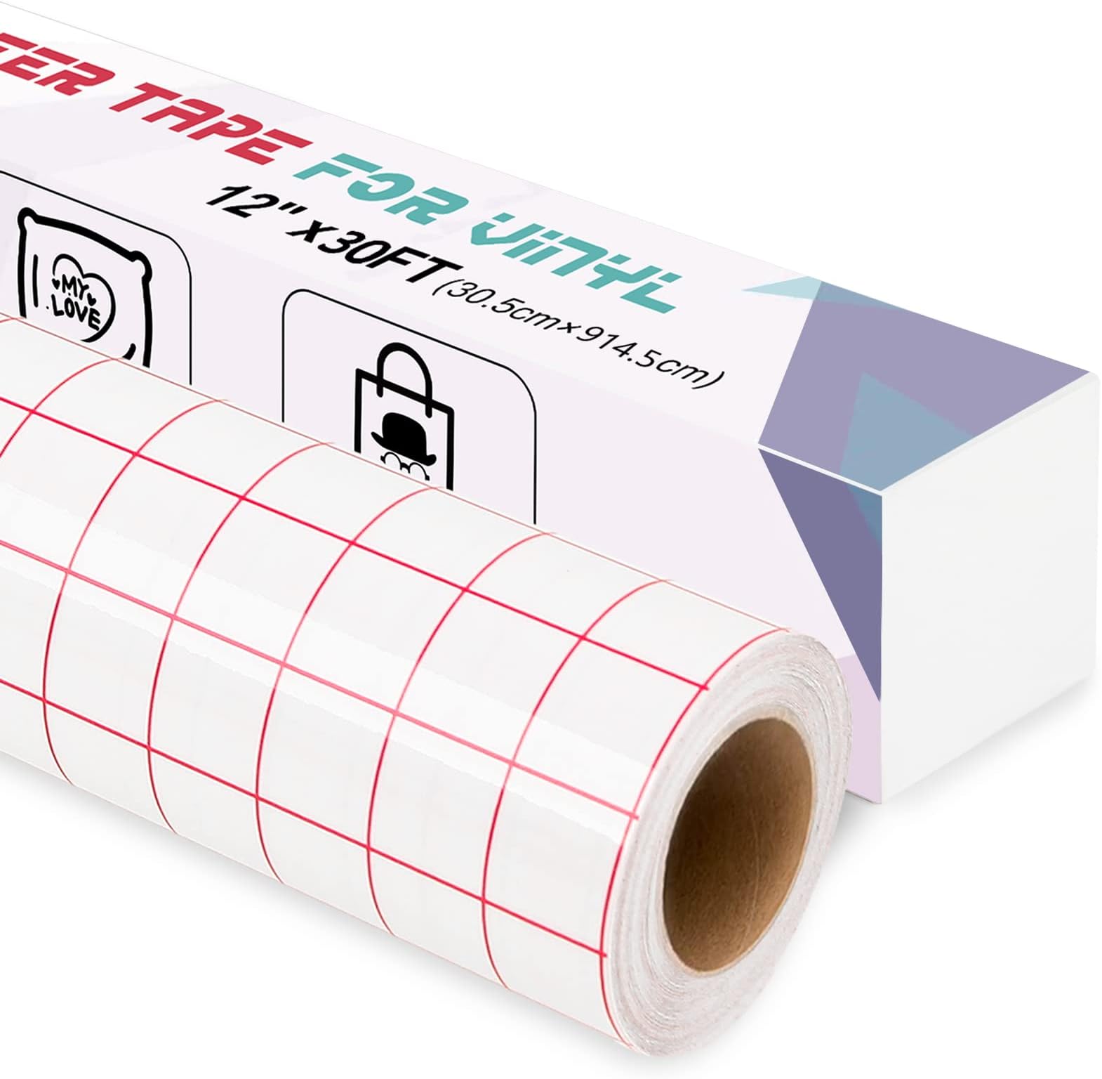 IModeur Transfer Tape for Vinyl, 12" x 30Ft (30.5 x 915cm) Clear Vinyl Transfer Paper Tape Roll with Red Grid for Permanent Vinyl and Self Adhesive Vinyl for Signs Stickers, Car Decals