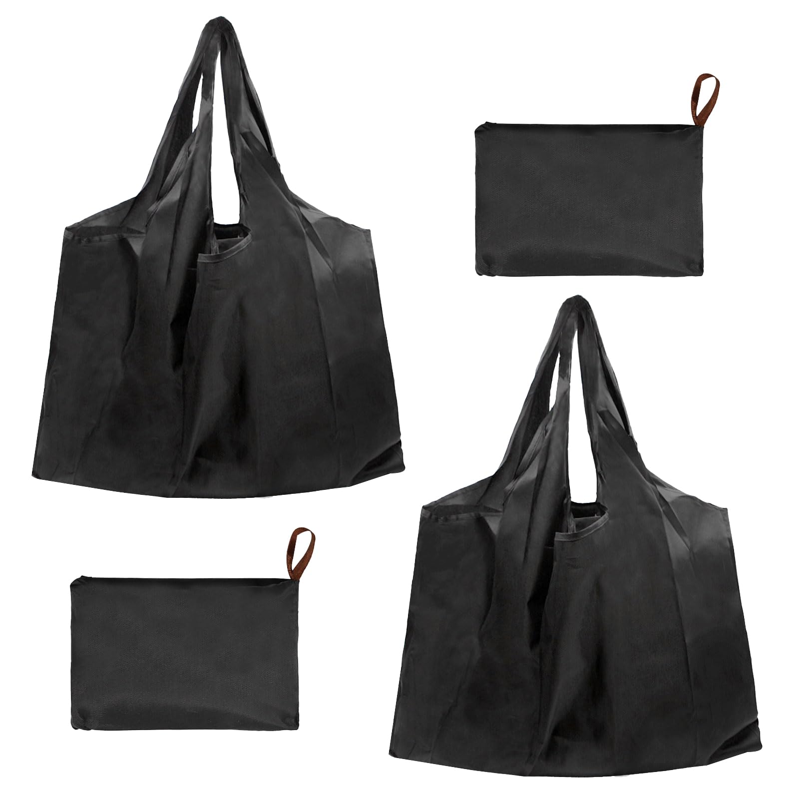 Long Keeper 2 Pcs Foldable Shopping Bag Drawstring Reusable Grocery Bags Large Washable Portable Folding Tote Bag in Pouch for Daily Shopping Travel Household (2, Black + Black)