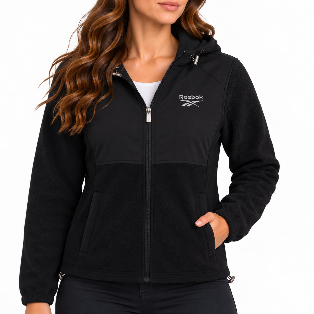 Reebok Womens Fleece Jacket, Midweight Zip Up Hooded Coat with Pockets