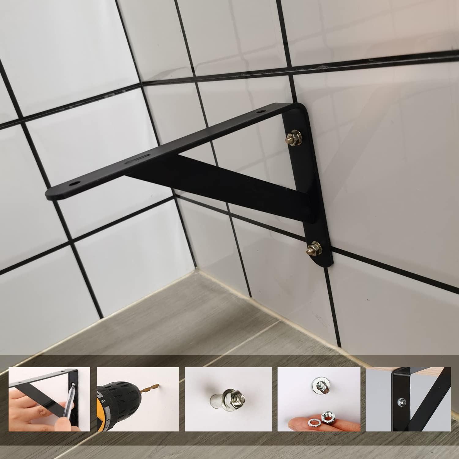 V3VOGUE 2 Pcs Heavy Duty Shelf Brackets Black White Shelves Metal Kitchen Floating Wall Support 150 250 300 400mm, DIY Shelves for Indoor Or Outdoor Wall Decoration, 120kg Load Capacity