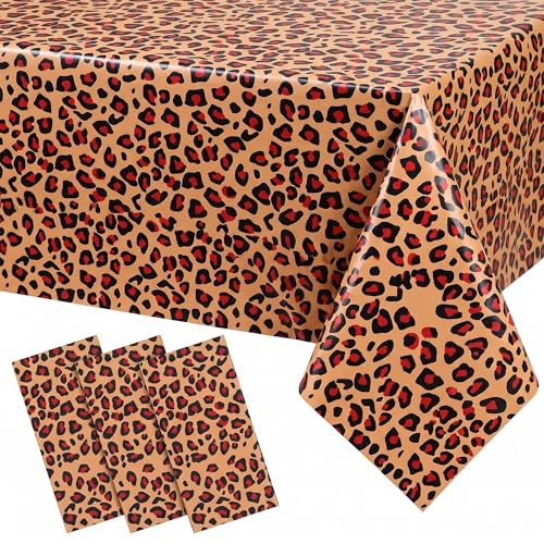 PPXMEEUDC 3 PCS Leopard Print Cheetah Tablecloths 54x108 Inch Disposable Plastic Table Covers Waterproof Rectangular Table Cloths for Safari Jungle Animal Themed Party Birthday Decor (Red Coffee)
