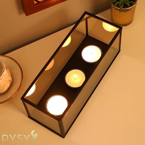 Miniatura 5 de Portavelas con marco de vidrio de metal negro con 3 bases redondas de candelitas, caja larga de cristal para candelitas, caja de centro de mesa, 8.5