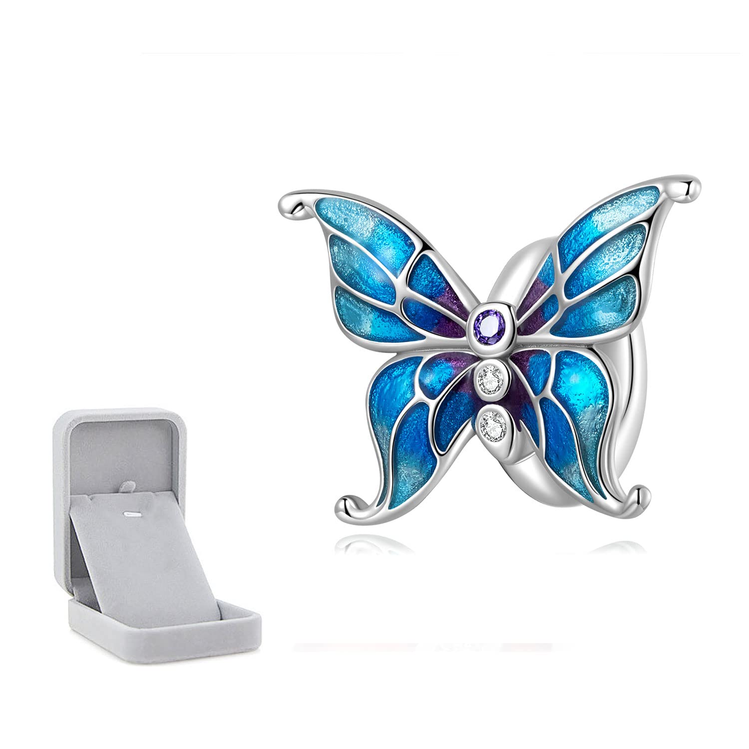 Shining CharmMothers Day Cute Butterfly 925 Sterling Silver Bead Charms for Bracelet Blue Enamel Purple Clear CZ Animal Charm Gift for Mum Daughter Sister Best Friend Niece with Jewellery Box