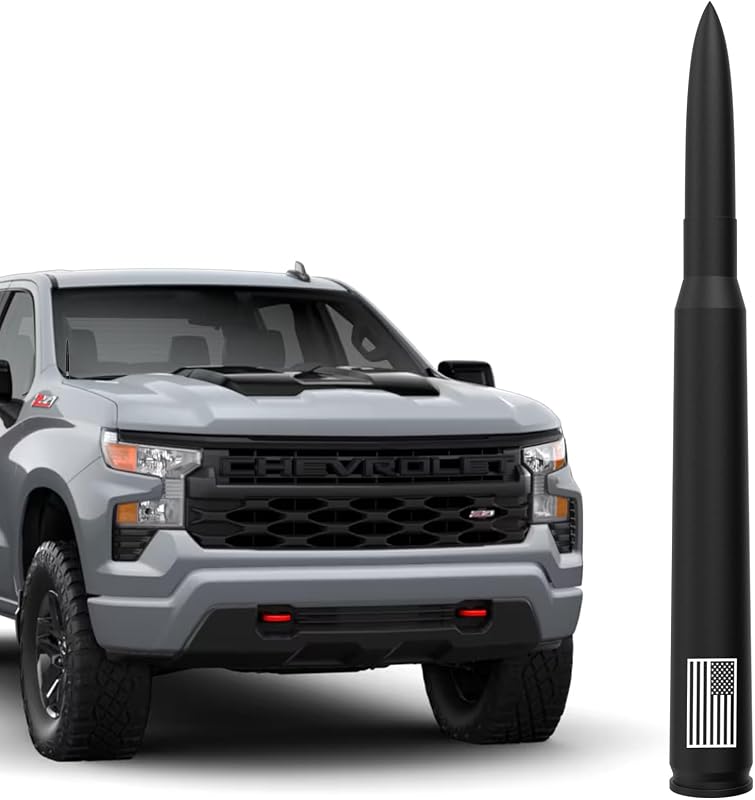 Antena Automotiva em Formato de Projétil .50 com Bandeira Americana Engirette Preta para Chevrolet Silverado e GMC Sierra, Canyon e Colorado 2007–2025