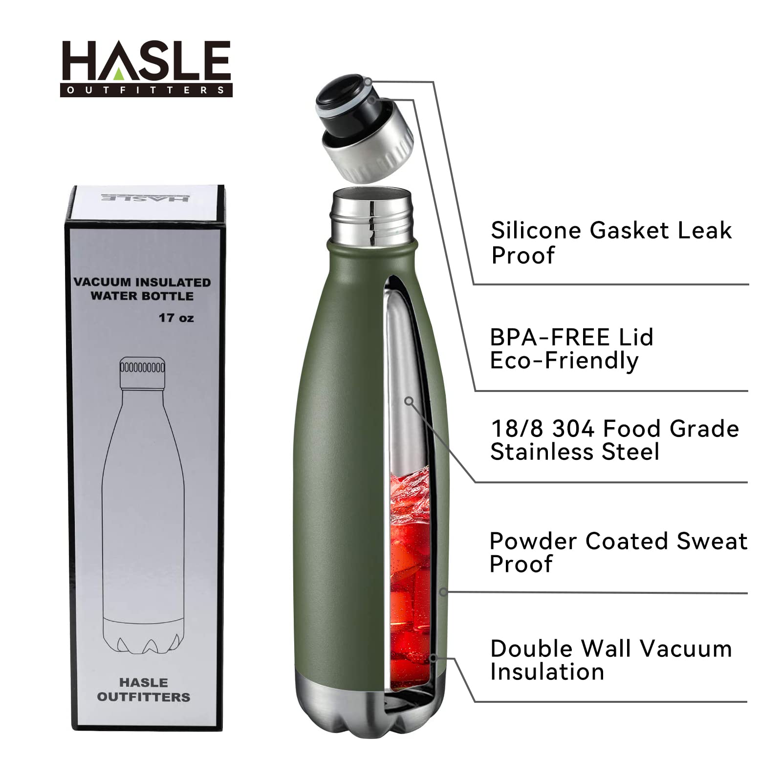 HASLE OUTFITTERS Botella de agua de acero inoxidable aislada al vacío de doble pared con tapa para deportes, viajes al aire libre a prueba de fugas