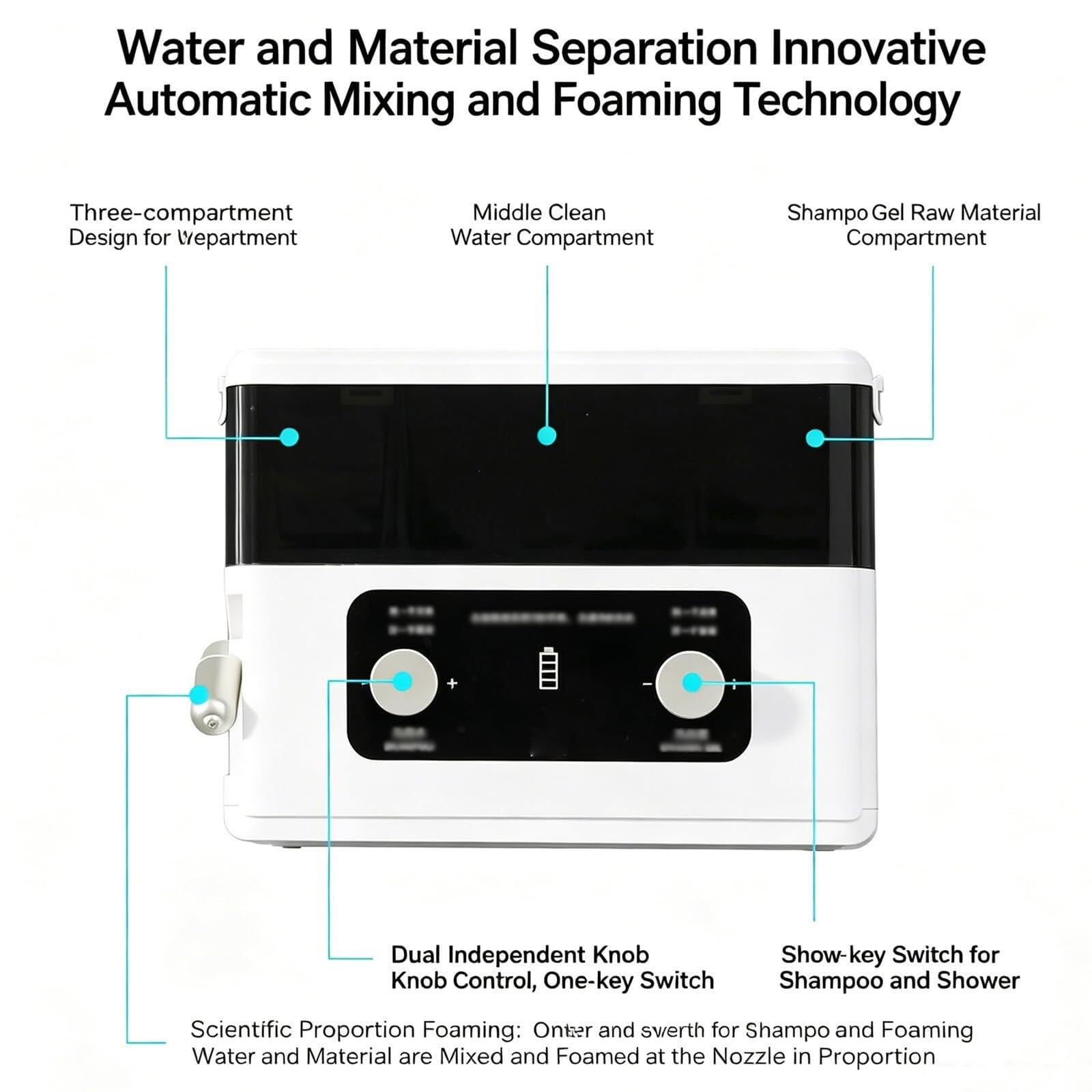 Cabezal de Ducha Inteligente con Espuma, de Pared, Boquilla Ajustable | Batería recargable de 2200 mAh, 2 modos, capacidad de 840 ml, para baño y champú, material ABS, ideal para baño y hotel
