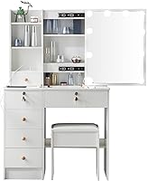 Vista 2 de Kkonetoy Juego de escritorio con espejo iluminado y taburete acolchado, tocador de maquillaje con 5 cajones para dormitorio, tocador moderno (blanco)