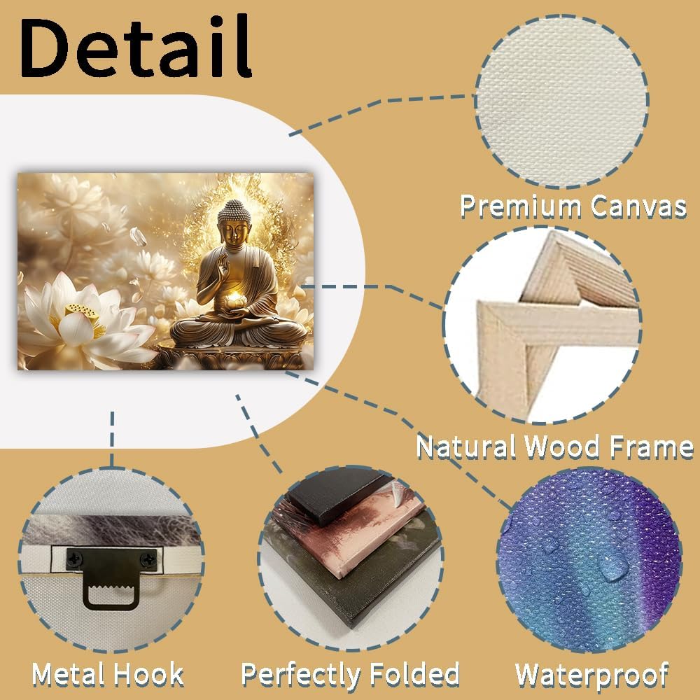 Buddha Canvas Wall Art Zen Golden Buddha Statue Poster Prints Buddha with Lotus Picture Prints for Meditation Decor Framed(Buddha-3,12x18inch (30x45cm))
