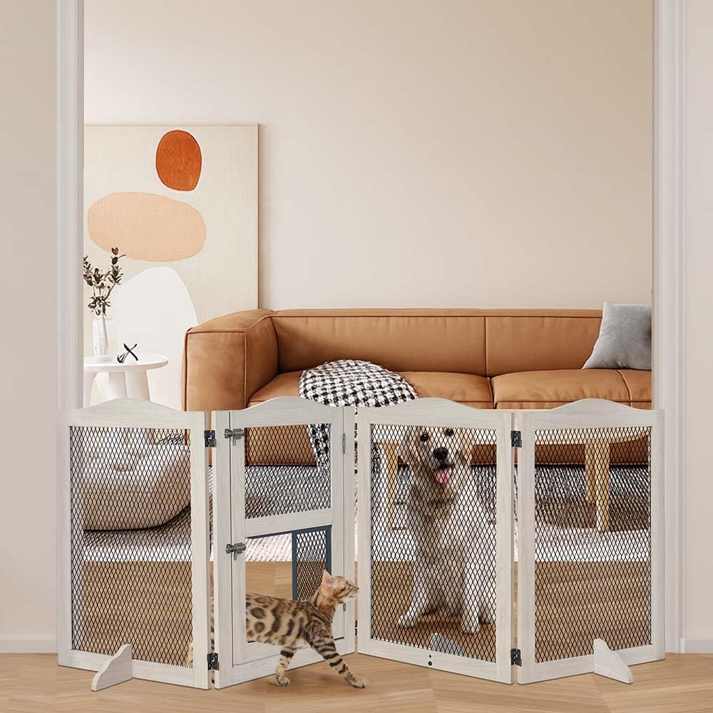 Unipaws Weathered Grey Freestanding Pet Gate With Cat Door, Indoor Dog Proof Gate For Doorways And Stairs, Metal Mesh & Wooden Pet Barrier With Walk-Through Door And Support Feet,