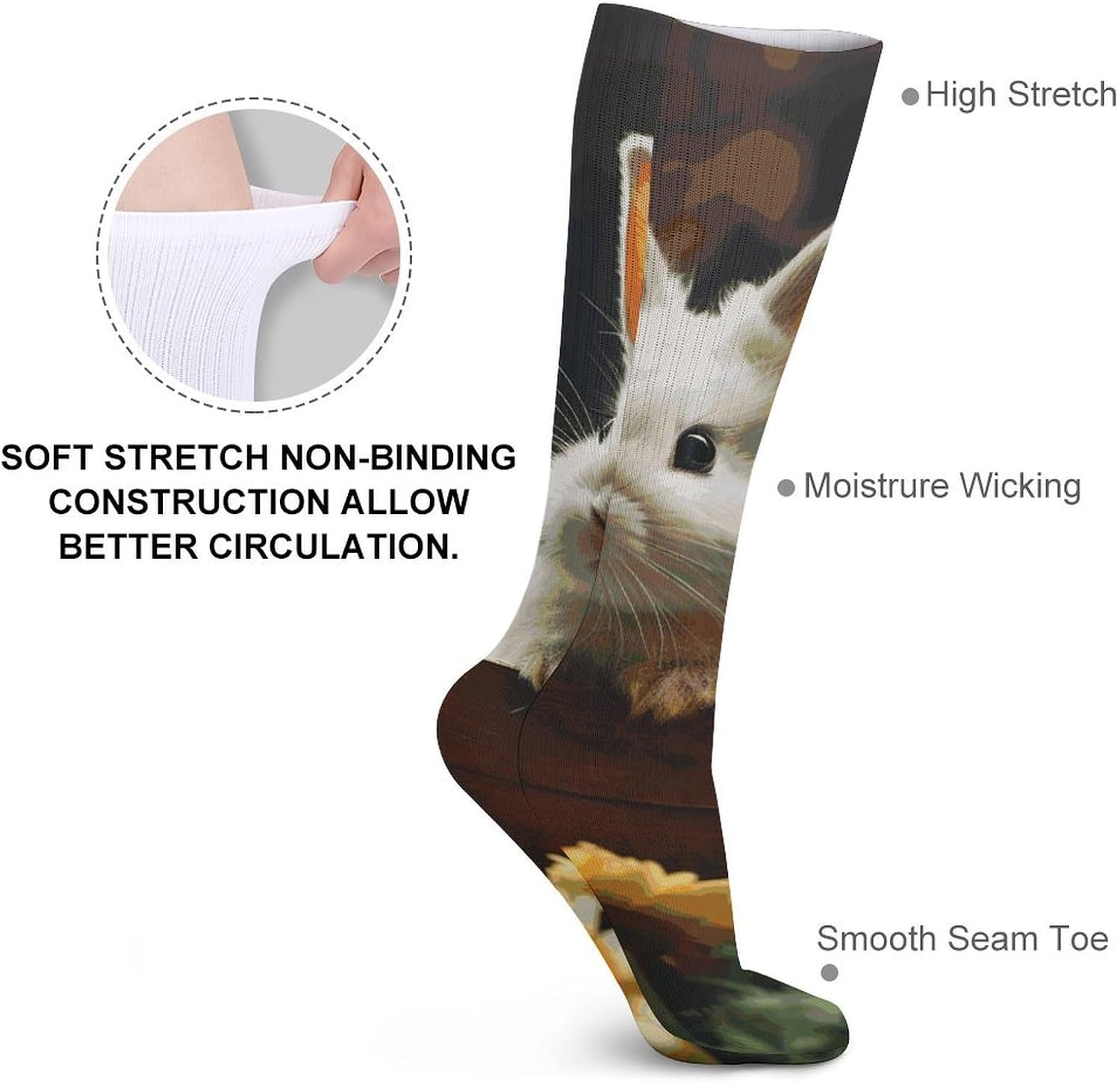 5-Pack Knee High Socks, 15.7 Inch Breathable Casual Socks Rabbit And Flower Stockings for Men Women