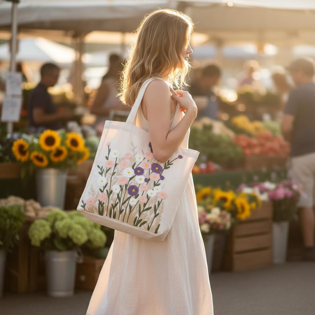 Embroidery Canvas Tote Bag for Women with Pocket & Buckle Cute Reusable Tote for Shopping Grocery Work