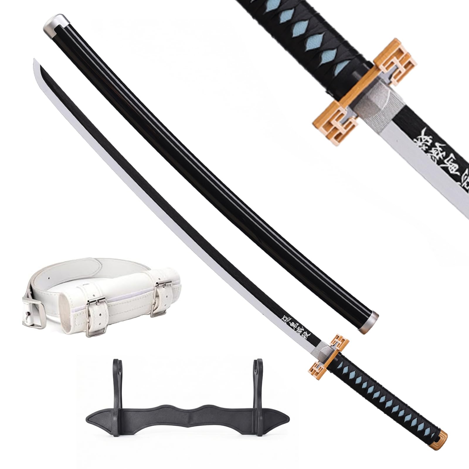 Demo Schwertde Anime(Tokitou Muichirou), Hoja de Bambú Sin Filo, 102 cm, con Vaina Negra, Soporte y Cinturón Blanco, para Cosplay