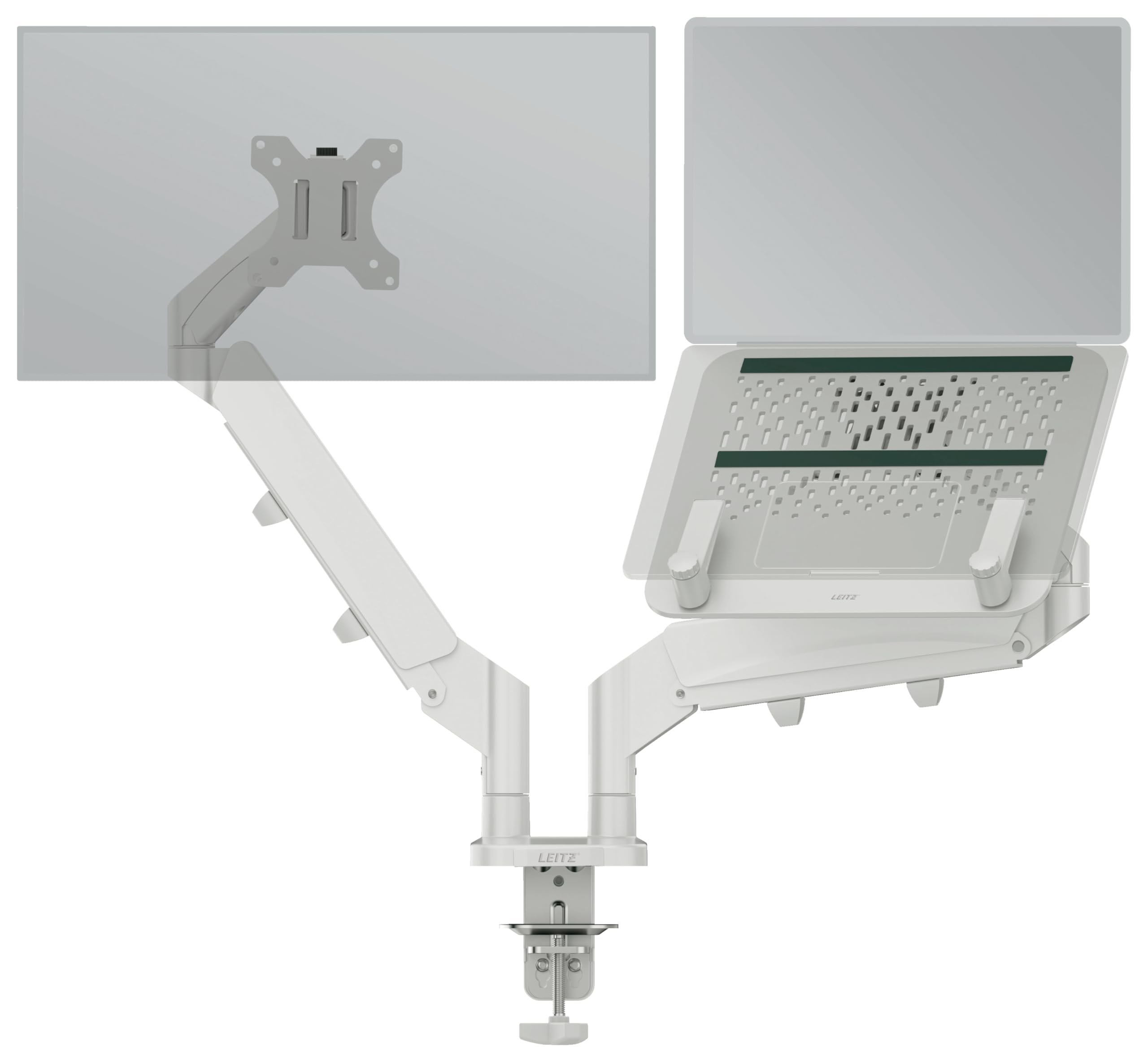 Leitz Ergo Platzsparender Doppel-Monitorarm mit Laptophalter für 17–32 Zoll, Kombinierter Monitor- und Laptopständer, Dreh- und Kippfunktion, 18 kg Tragkraft, 65380085