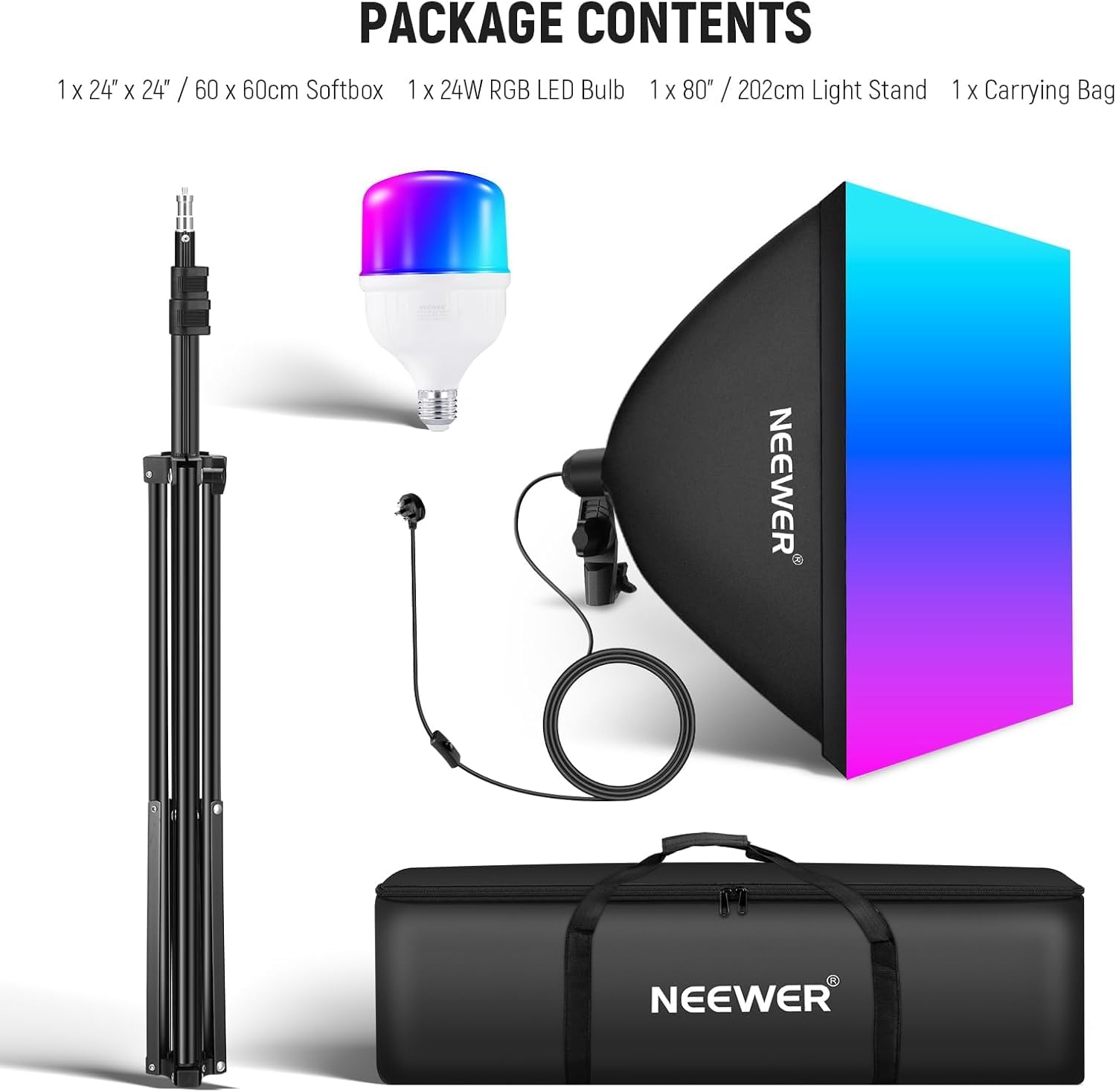 NEEWER Zestaw świetlny RGB Softbox z aplikacją i 9 trybami efektów, 24 W żarówka LED CRI93+ TLCI98+, E27 Porcelanowa nasadka, 24" Softbox, do oświetlenia fotograficznego studyjnego, NK800