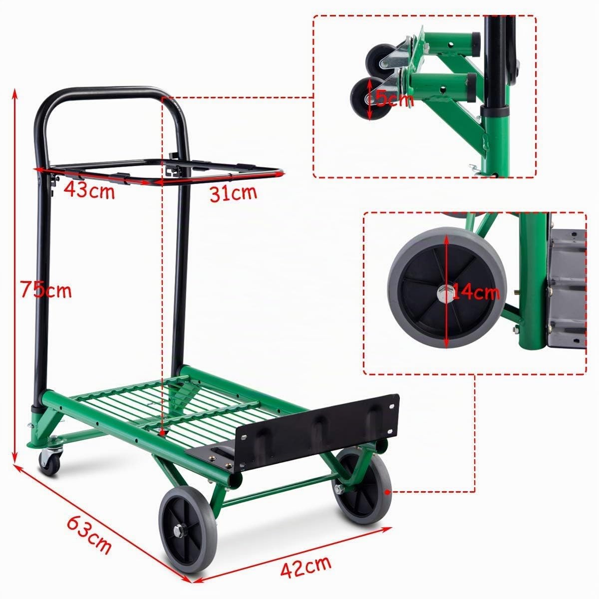 COSTWAY Carretilla de Mano Plegable con Ruedas,Carro de Plataforma Multifuncional 2 en 1, Carrito Transporte Carga hasta 90 kg