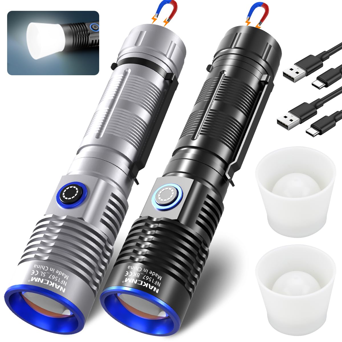 NAKCNM Rechargeable Flashlights High Lumens, 2 Pack 2500 Lumens 4 Modes, Small Magnetic Flashlight Pocket with Clip & Diffuser, Handheld Flashlight