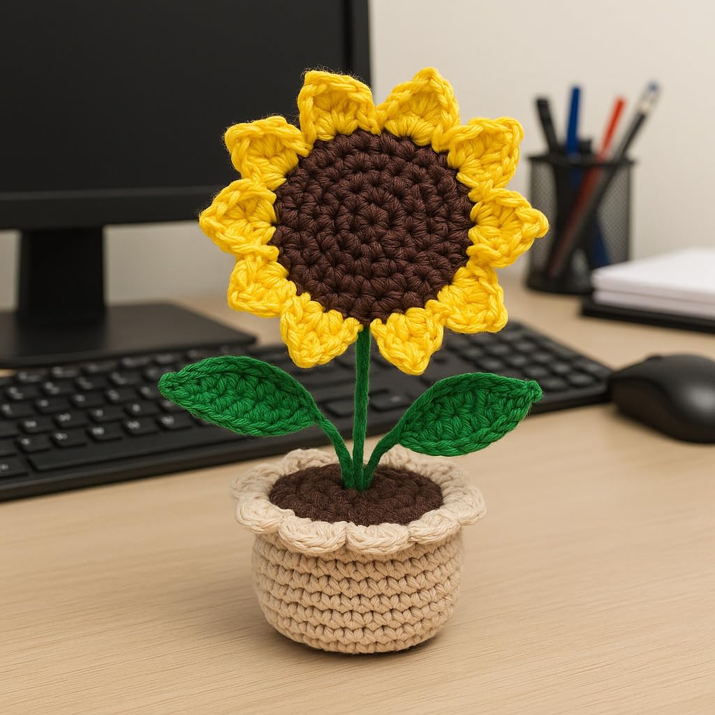 Handmade Crochet Sunflower in Pot | Decorative Table Showpiece | Cute Gifting Item | Woolen Flower for Home & Office Decor I Home Decor and Office Decor I I Gift for Him-image-0