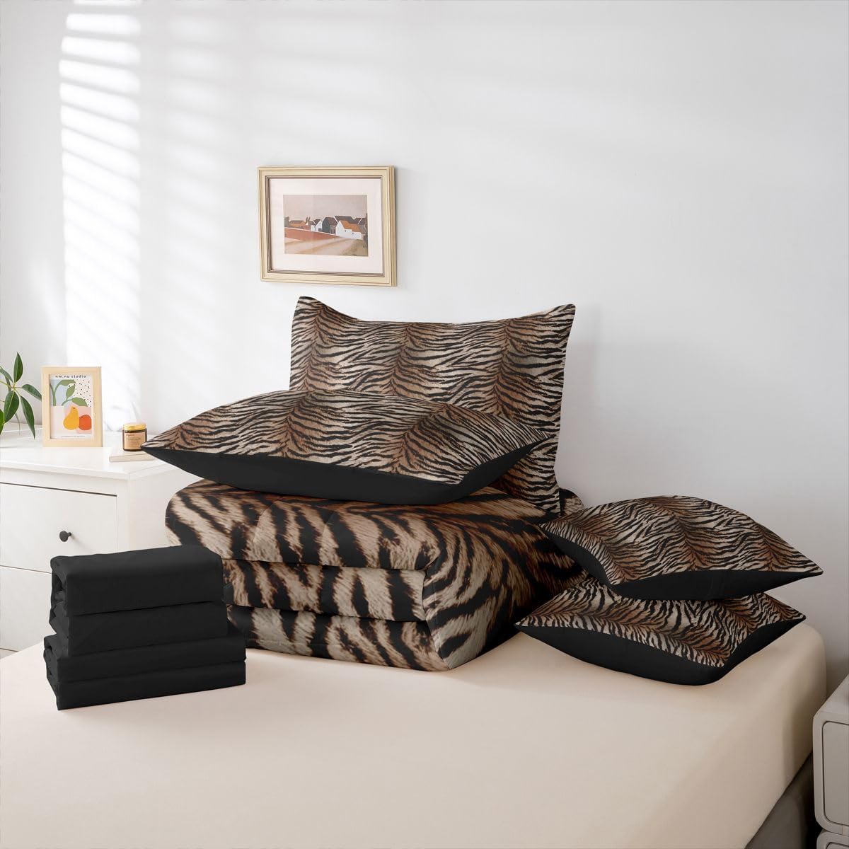 Erosebridal Tiger Printed Queen Comforter Set (Gradient Dark Yellow) for Kids Teens Adults | Wild Animal Print Safari Tiger Print 7-Piece Bedding Set Simulated Animal Fur Printed Quilt Duvet Sets
