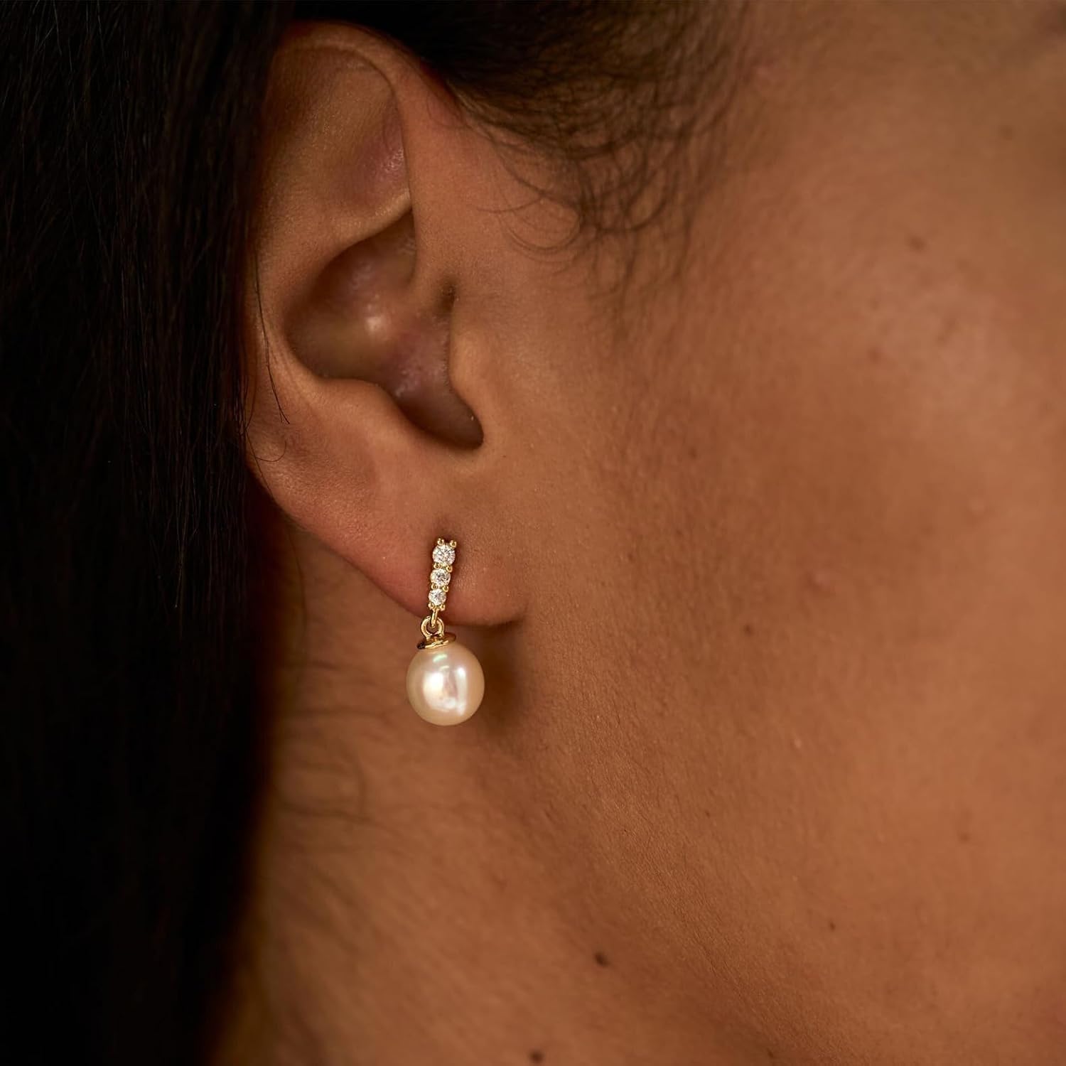 Fezgoat Pearl Earrings for Women-Dainty 14k Real Gold Plated Pearl Sterling Silver Post Trendy Diamond Stud Drop Earrings Bridal Wedding Jewelry - Image 3