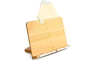 Adjustable Cookbook Stand with Reading Light, Bamboo Book Holder for Desk (Medium)