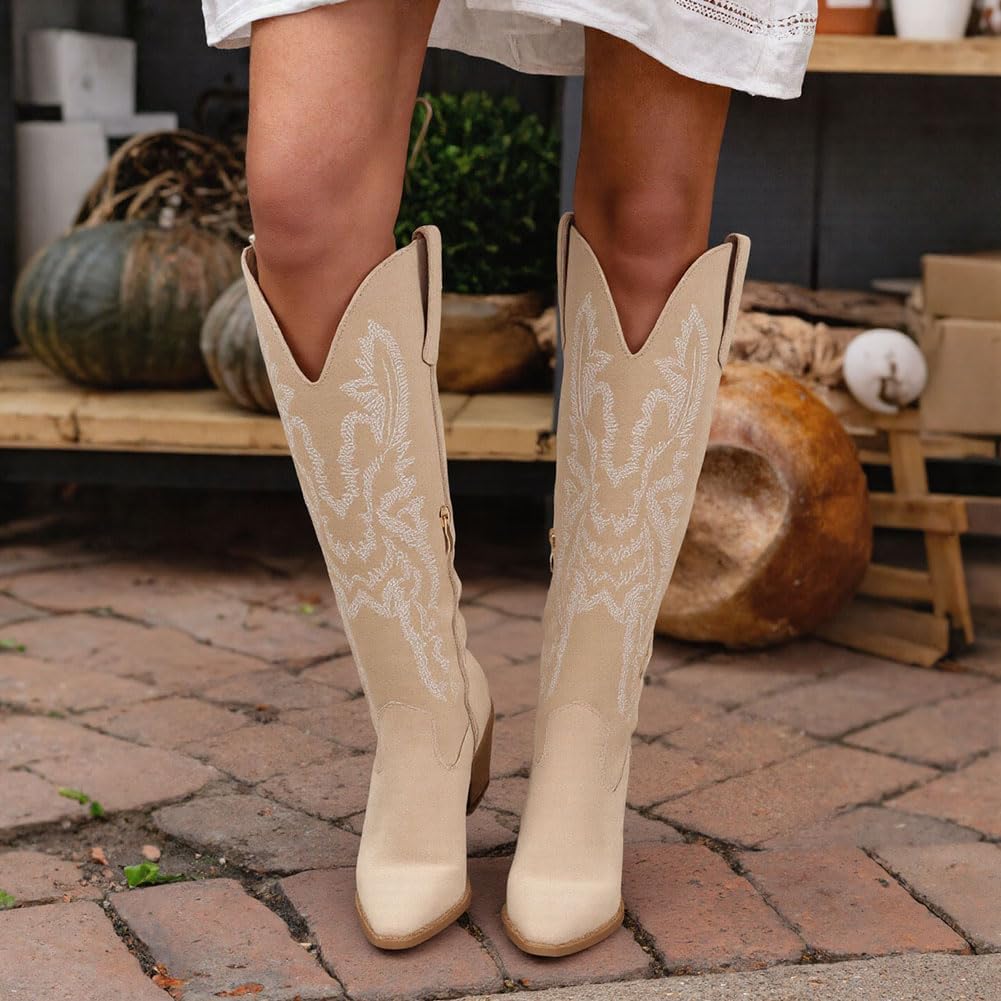 Erocalli Knee High Boots Women Cowgirl Cowboy Western Fall Chunky Block High Heel Tall Long Fashion Boot Side Zipper