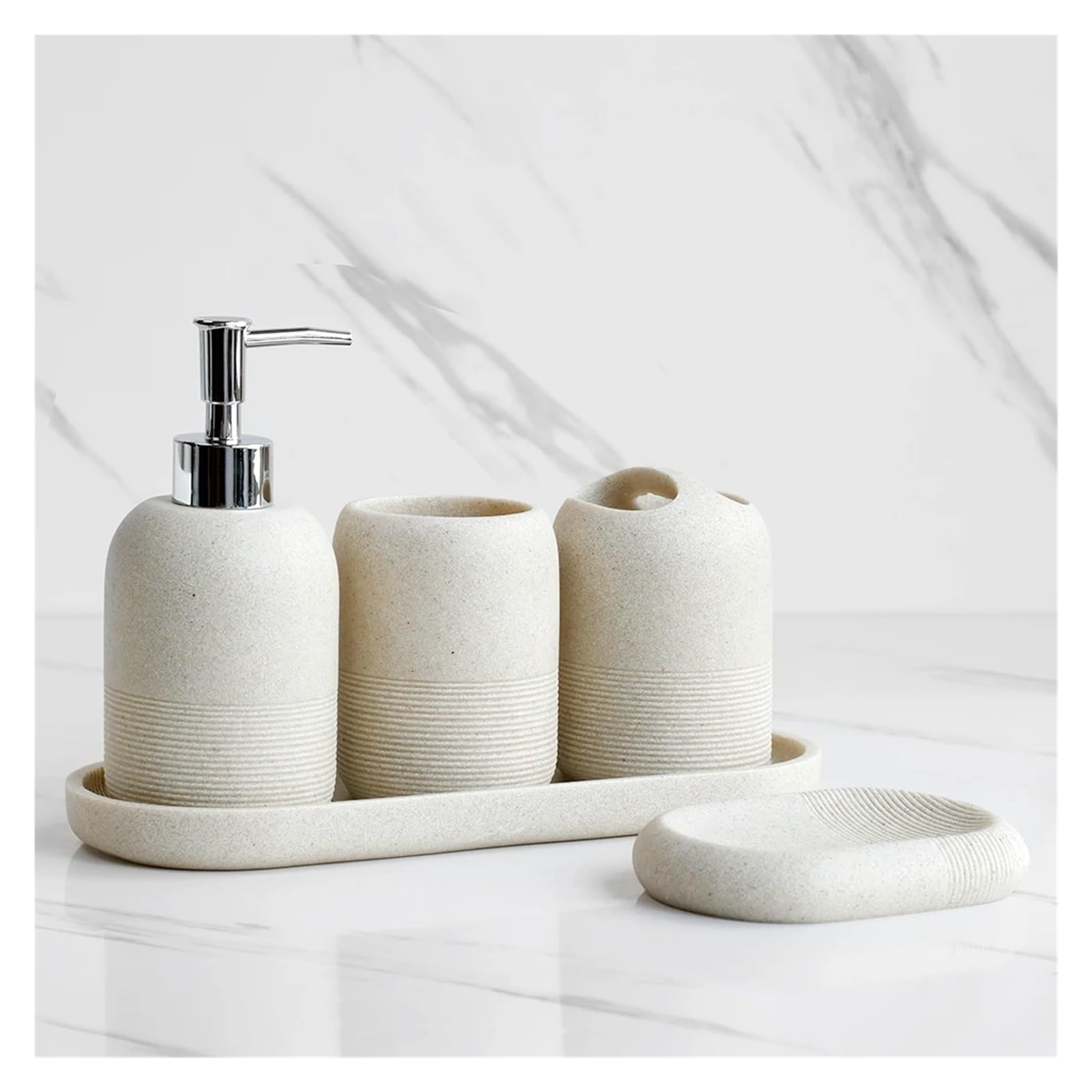 Set de Accesorios de Baño Juego de Accesorios de baño, dispensador de loción, Soporte for Cepillo de Dientes, Bandeja, Vaso, jabonera, Color Beige y Gris, 5 uds. (Color : Beige)