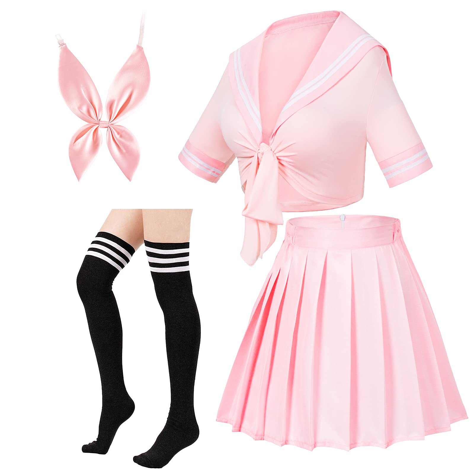 Japanese Anime Schoolgirl Classic Sailor JK Harajuku Crop Top Tie up Pleated Skirt Uniform Seifuku Socks Bow Set