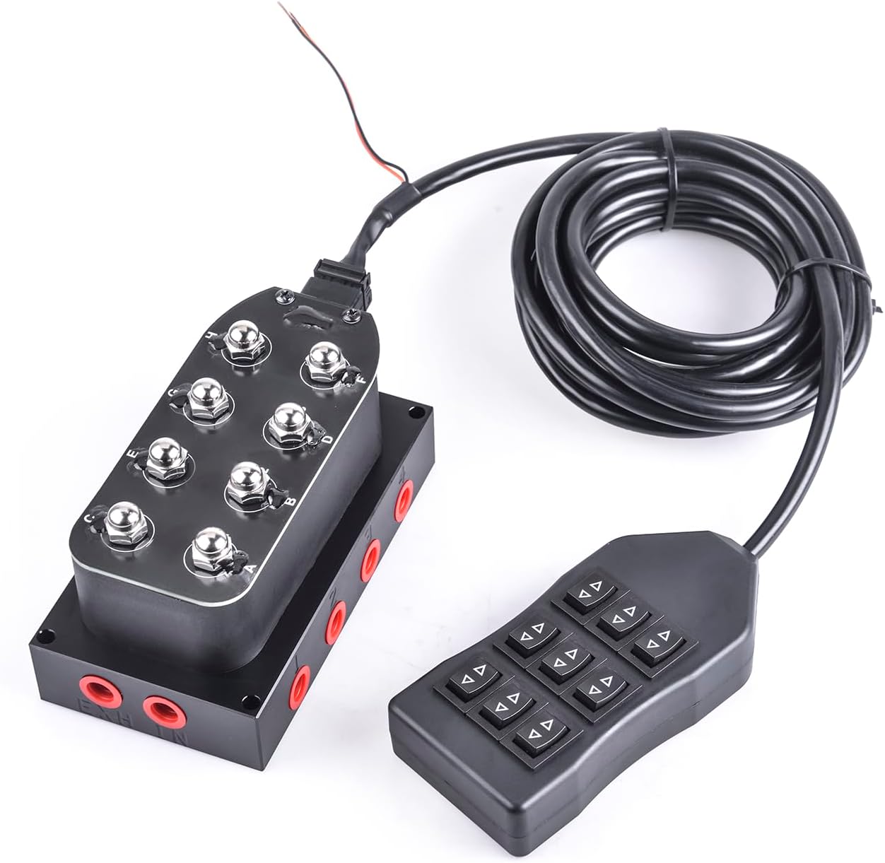 12V Air Ride Suspension Manifold Kit with 8 Air Ride Solenoid Valves, with 5M 9-switch Wired Remote Controller Can be used for Air Bag inflation and deflation