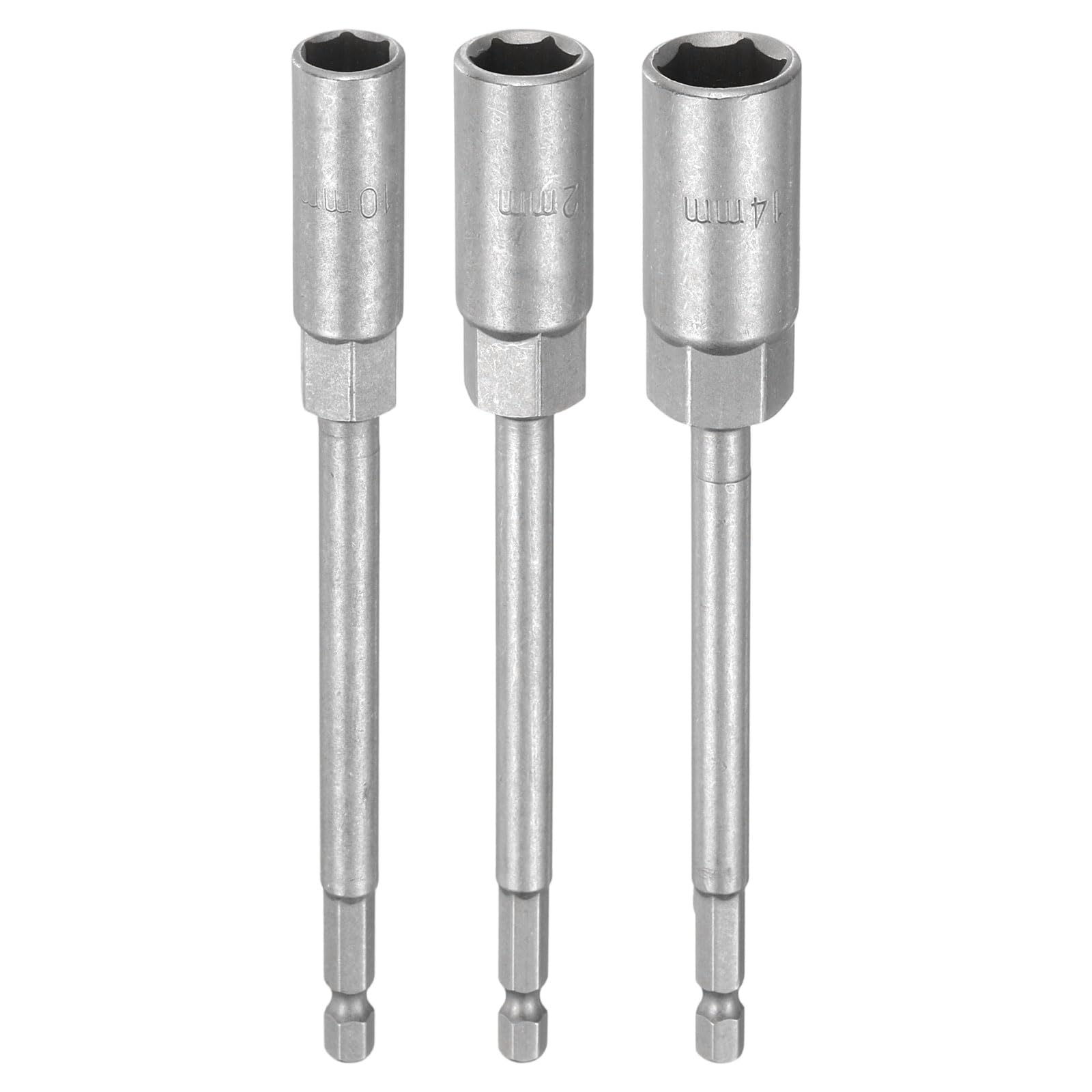 sourcing map 3pcs Nut Driver Drill Bit 10-14mm Metric Impact Socket 1/4" Hex Shank 6" (150mm) Extra Long 6-Point Sockets Quick-Change CR-V Steel Bolt Setter for Power Drill Drivers