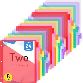 Forvencer 24 Count Binder Dividers with 2 Pocket, 8 tab Dividers for Binder | Dividers for 3 ring Binder Organizer, Binder Divider with Tabs for School Office and Home Organization, Multicolor, 3 Sets
