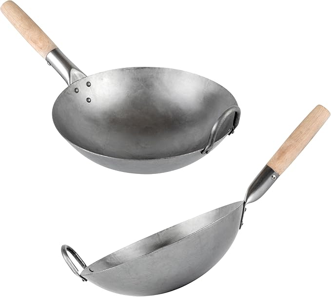 Wok de Acero al Carbono Martillado a Mano Motomori 12 pulgadas con Mango de Madera miniatura 3