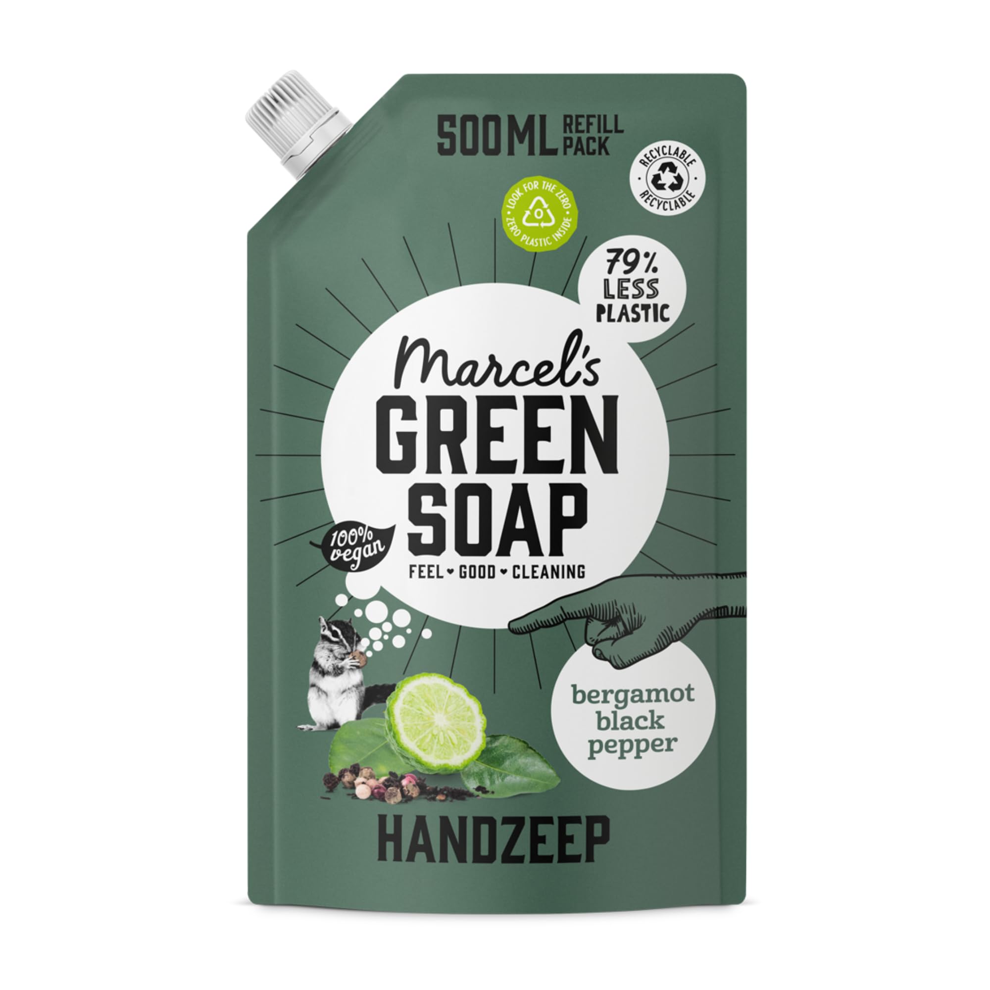 Marcel's Green Soap - Handseife Nachfüllung Schwarzer Pfeffer & Bergamotte - Nachfüllbeutel - Mikroplastikfreie Formel - Vegan - Verpackung recycelbar - 500ml