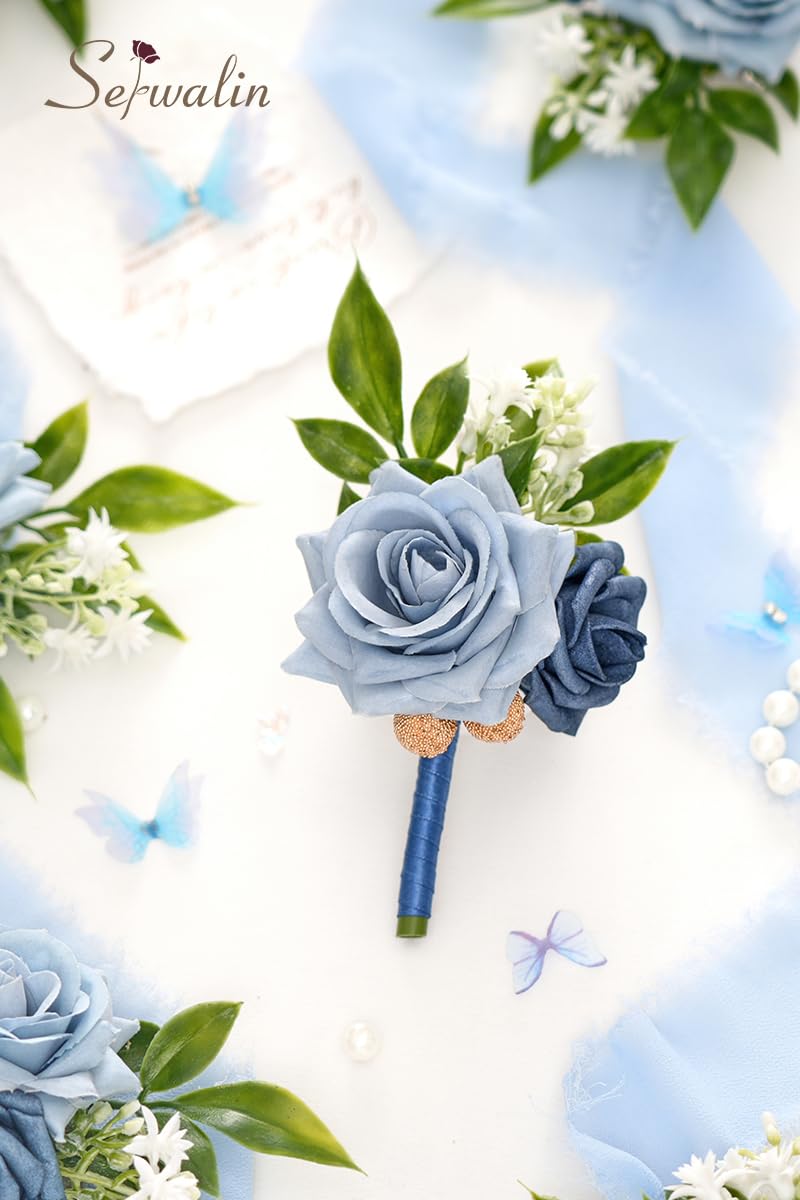 Serwalin Boutonniere da uomo, 6 pezzi, blu corsetto per sposo, testimone dello sposo, fiore all'occhiello per matrimoni, accessori floreali e decorazioni per abiti da ballo