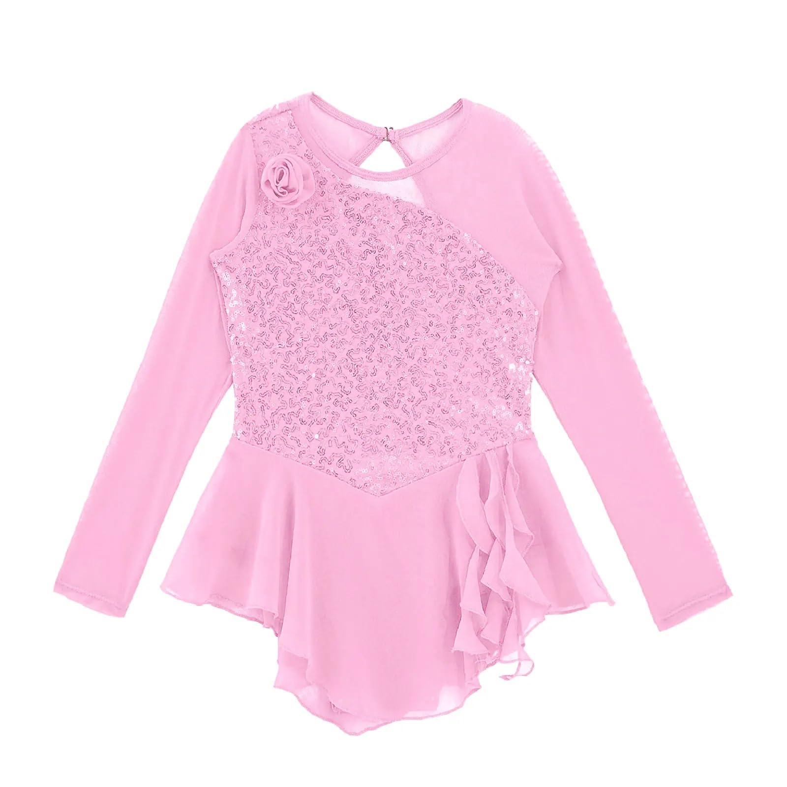 Gymnastikanzug Mädchen Pailletten Gymnastik Trikot Kleid Mesh Lange Ärmel Bühne Leistung Ballett Dancewear Figur Eislaufen Tanz Kostüm(Pink,6)