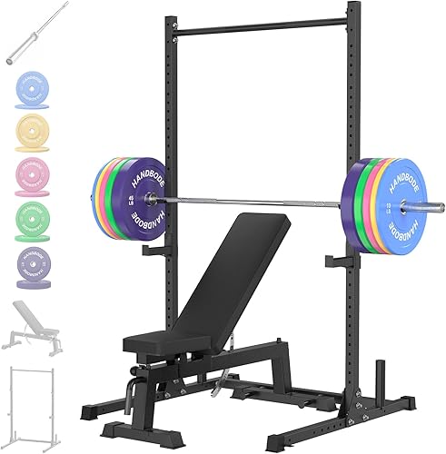 Miniatura 10 de Estante para sentadillas, barra de 7 pies, juego de placas de peso 100/160/190/230/260/300 libras, equipo de gimnasio en casa
