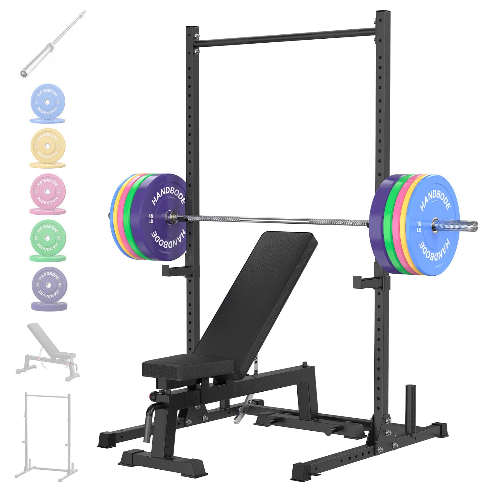 HANDBODE Squat Rack, 7ft Barbell, Weight Bench, Weight Plates Set 140 lb, Home Gym Equipment, Silver
