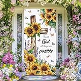 arricraft 1 Pc with God All Things are Possible Door Cover Decorations, Sunflower Flower Religious Cross Front Door Banner Polyester Door Backdrops for Outdoor Indoor Holiday Supplies 35.4x72.8 Inch