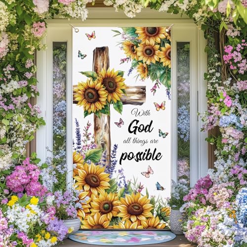 Bannière religieuse de porte chrétienne et décoration jardin tournesol