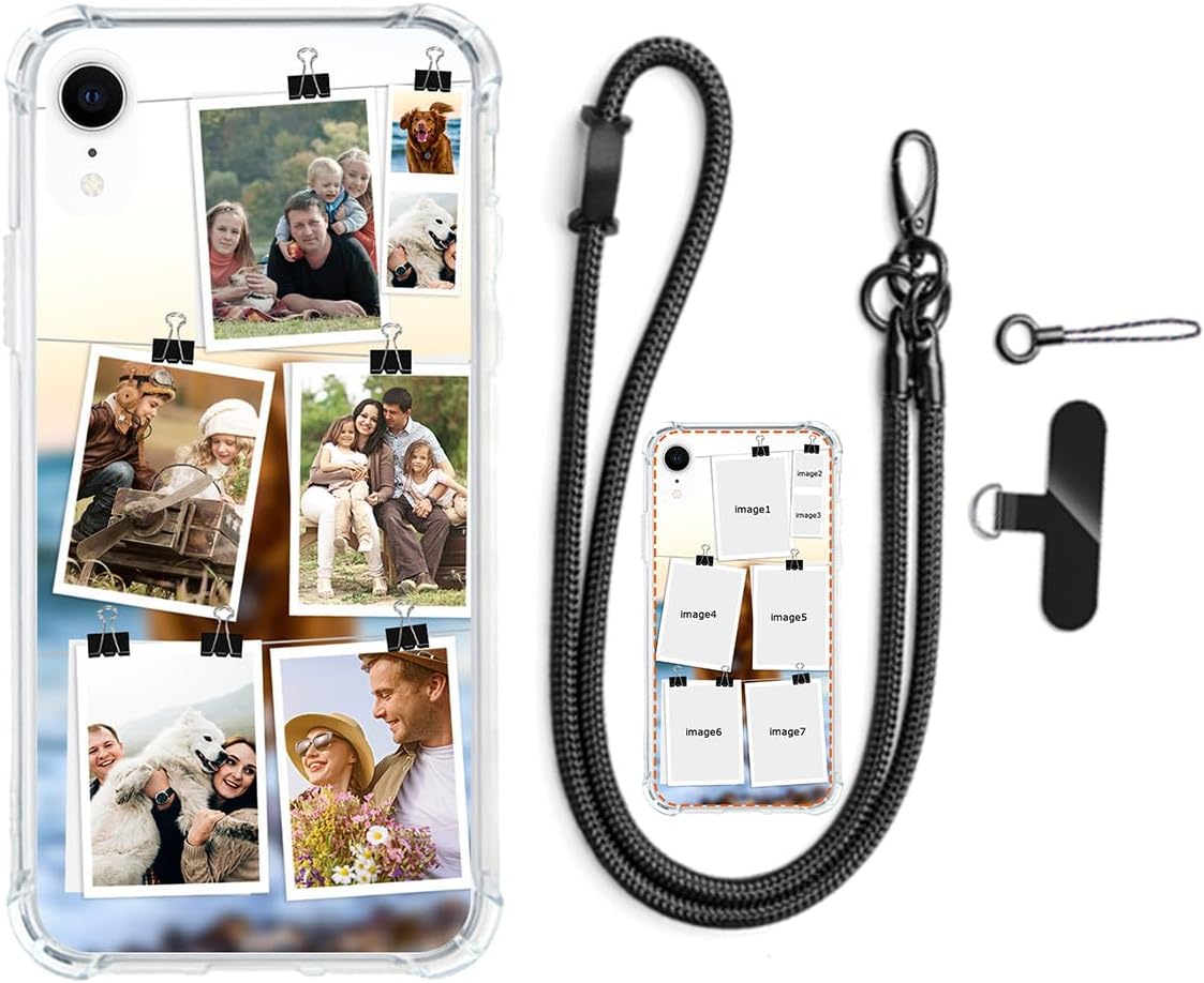 Custom Multi Photos Collage Phone Case for iPhone XR Customized Personalized Image Text Picture Shockproof Corner Airbag Clear Soft Cover with Lanyard Anti-Theft Strap