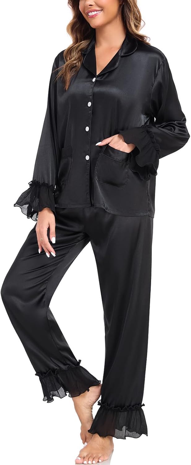 BestWendding Womens Silky Pajamas Ruffle Hem Long Sleeve Collar Shirt and Long Pants Button Up Lounge Sets with Pockets - Image 2