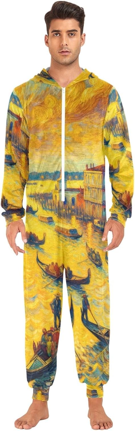 GAIREG Venice Oil Painting Adult Onesie Pajamas, Soft Warm Hooded One Piece Jumpsuit for Men Women Christmas Loungewear