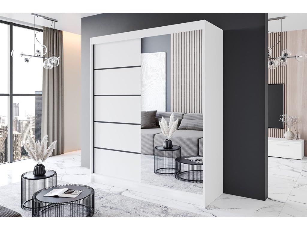 P3 180 cm Weiß Schiebetüren Kleiderschrank 180x215x58 cm mit Spiegel - Schlafzimmermöbel, Aufbewahrung - Mehrzweckschrank