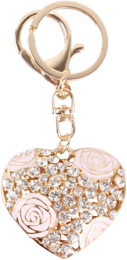 TaoNaisi Heart Rose Flower Crystal Charm Pendant Purse Bag Key Ring Chain