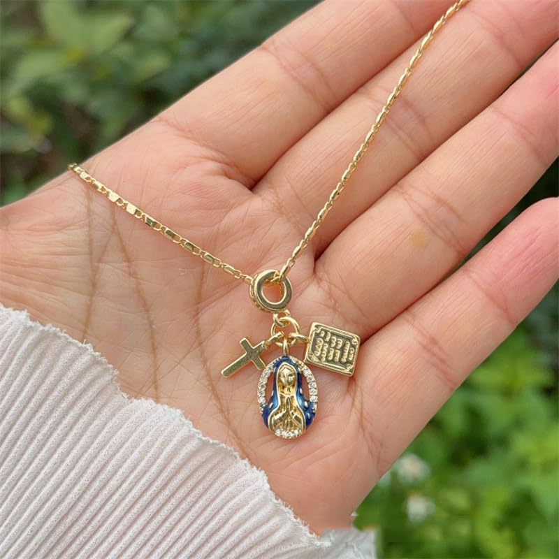 Virgin Mary Necklace For Women, 14k Gold-Plated Small Cross Holy Writ Tag With Cubic Zirconia Religion Pendant Faith Jewelry Gift - Image 2